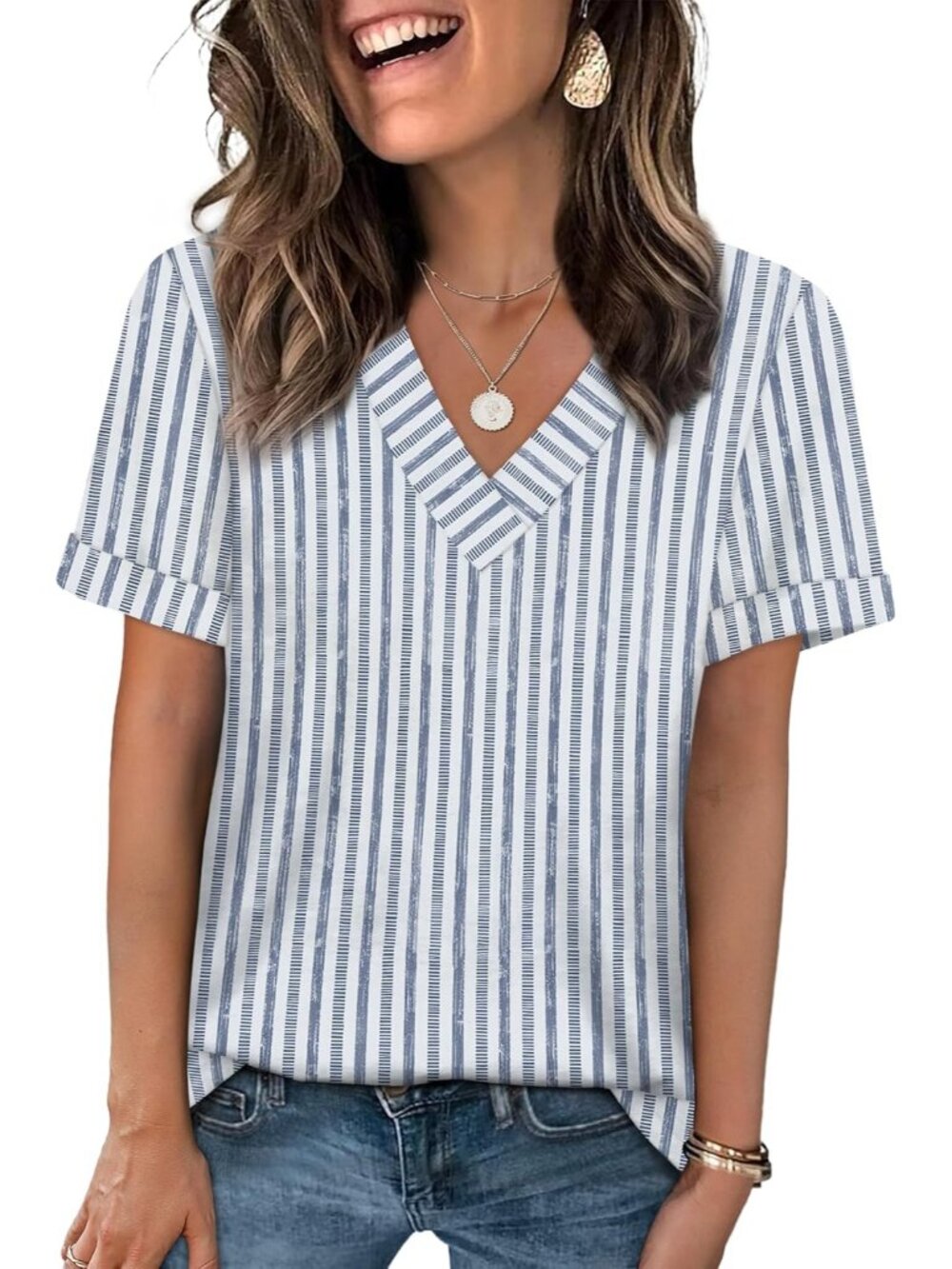 🆕Women Blue Stripe Summer Tops Short Sleeve Basic Casual V Neck T Shirts Trendy